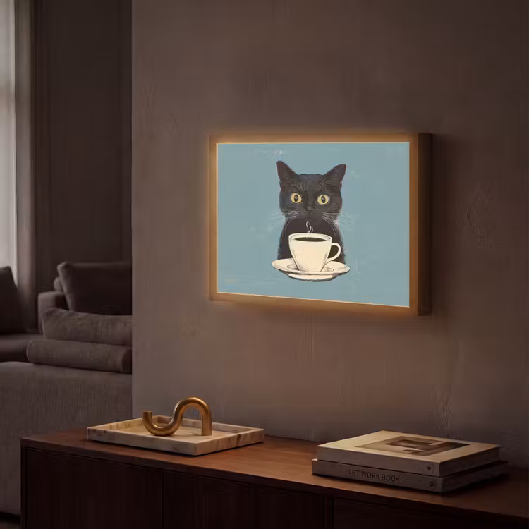 Kat - Zwart - Koffie - Minimalistisch Light Box met batterij (Wandlamp) middel -sfeer1