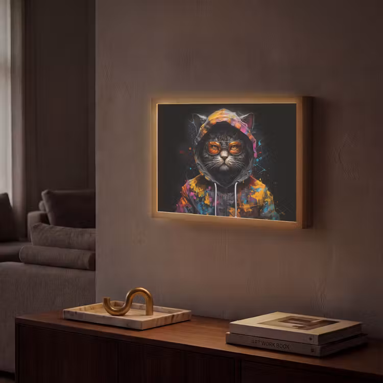 Kat - Jas - Graffiti - Bril - Zwart Light Box met batterij (Wandlamp) middel -sfeer1