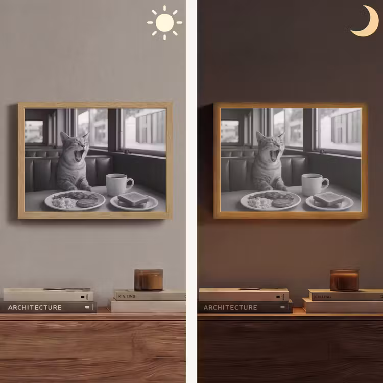 Kat - Koffie - Brood - Zwart Light Box met batterij (Wandlamp) middel -sfeer3