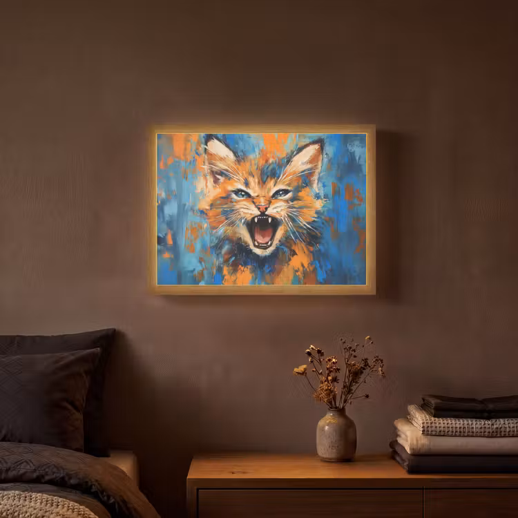 Kat - Kleurrijk - Oranje - Blauw Light Box met batterij (Wandlamp) middel -sfeer4