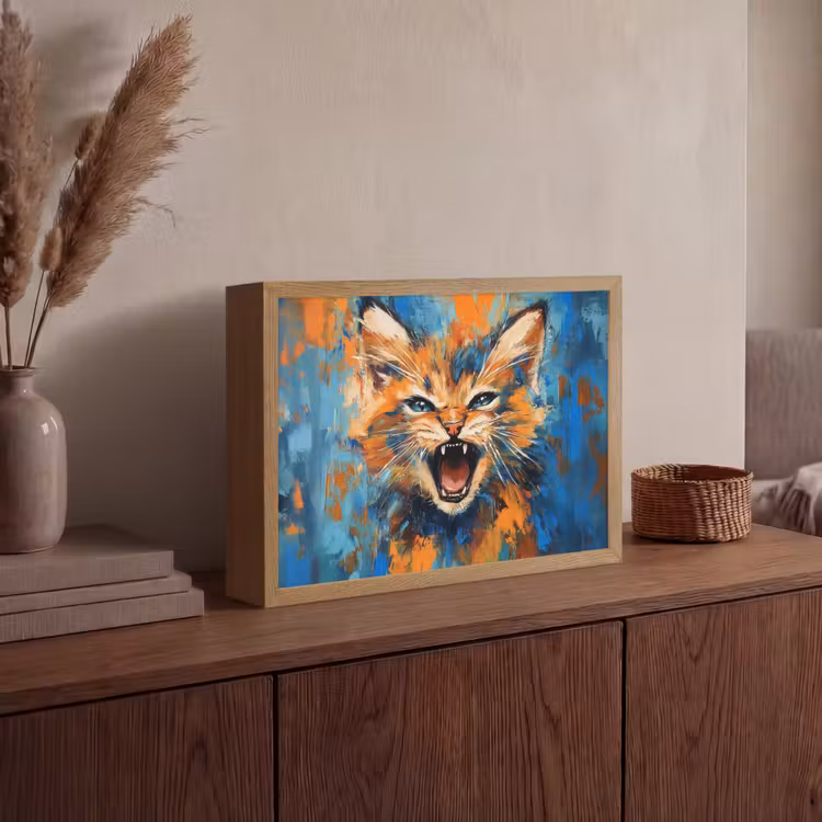 Kat - Kleurrijk - Oranje - Blauw Light Box met batterij (Wandlamp) middel -sfeer2