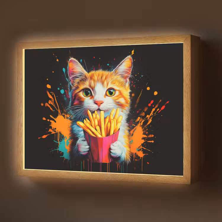 Kat - Eten - Patat - Graffiti - Abstract Light Box met batterij (Wandlamp) middel -z3d_website
