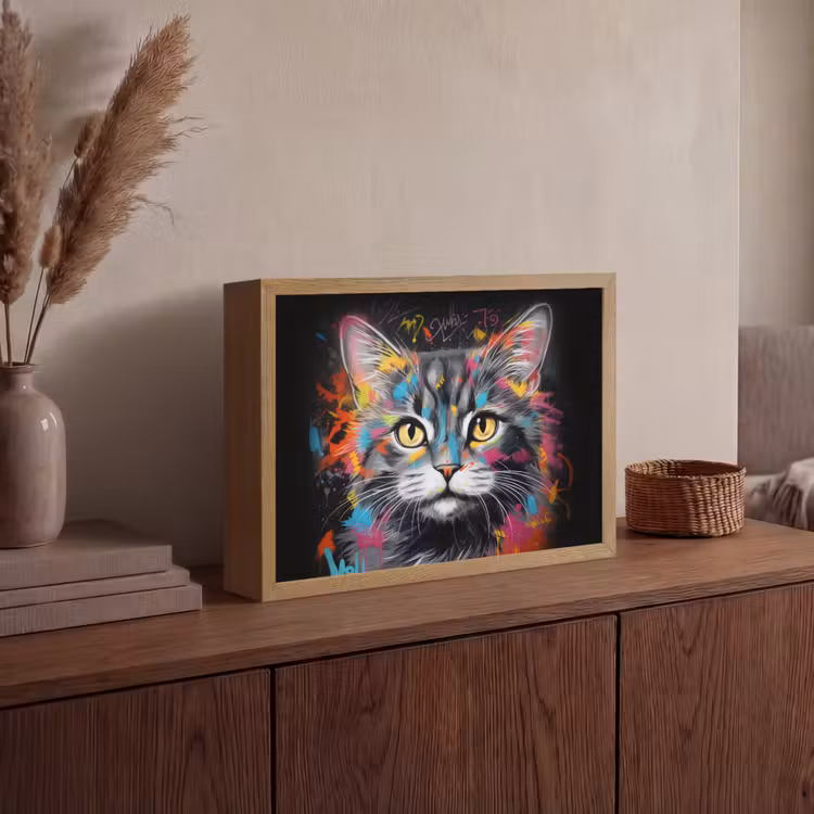 Kat - Graffiti - Dieren - Kleuren - Grijs Light Box met batterij (Wandlamp) middel -sfeer2