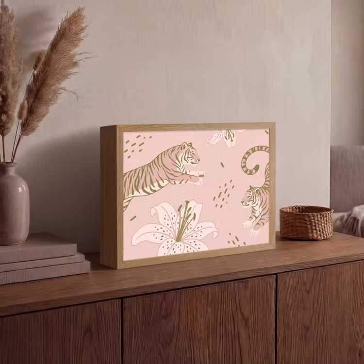 Kat - Springend - Bloemen - Abstract - Roze Light Box met batterij (Wandlamp) middel -sfeer2