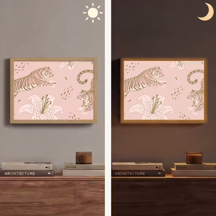 Kat - Springend - Bloemen - Abstract - Roze Light Box met batterij (Wandlamp) middel -sfeer3