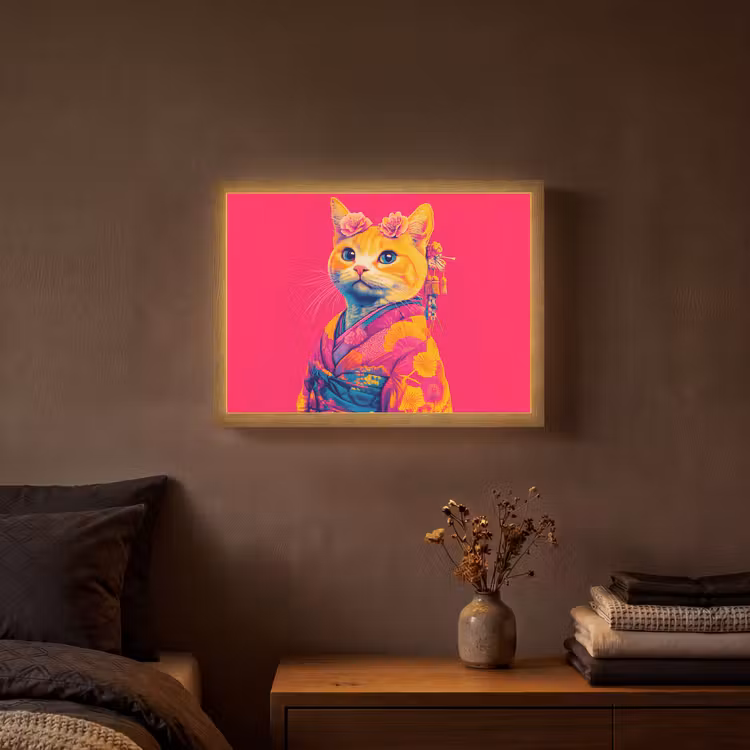 Kat - Kimono - Bloemen - Roze Light Box met batterij (Wandlamp) middel -sfeer4