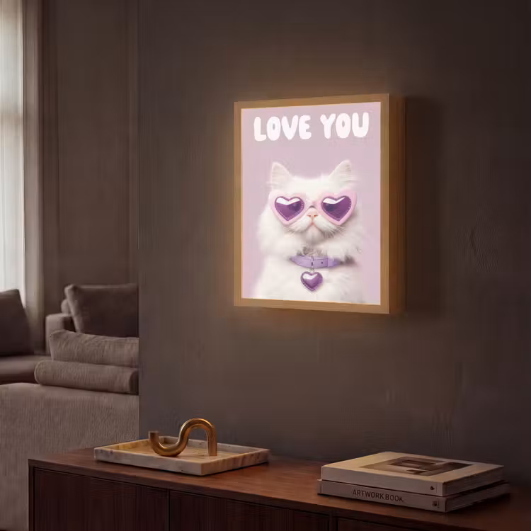 Kat - Love - Paars - Valentijn Light Box met batterij (Wandlamp) middel -sfeer1