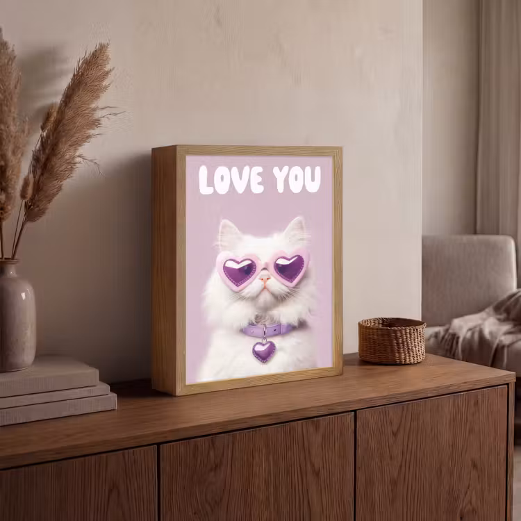 Kat - Love - Paars - Valentijn Light Box met batterij (Wandlamp) middel -sfeer2