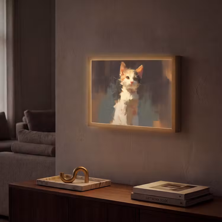 Kat - Geschilderd - Artistiek - Wit Light Box met batterij (Wandlamp) middel -sfeer1