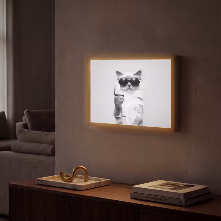 Kat - Zonnebril - Wijnglas - Langharig Light Box met batterij (Wandlamp) middel -sfeer1