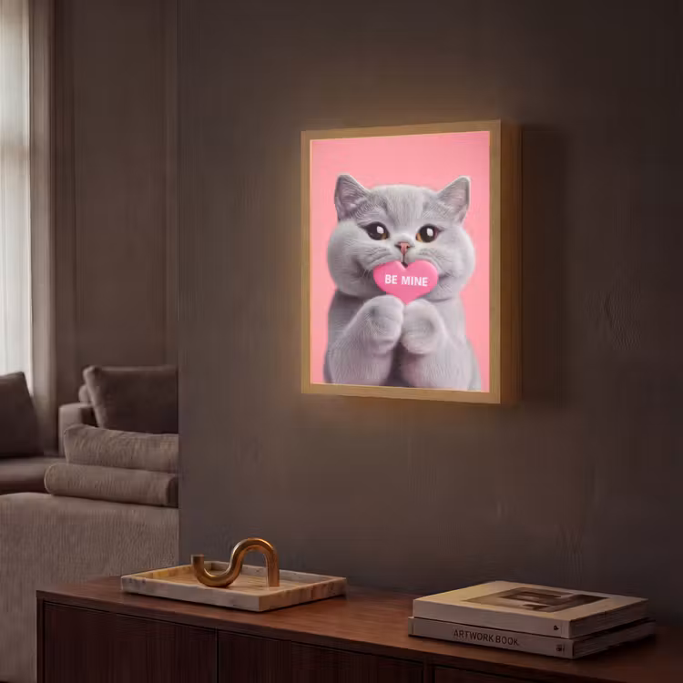 Kat - Valentijn - Roze - Liefde Light Box met batterij (Wandlamp) middel -sfeer1