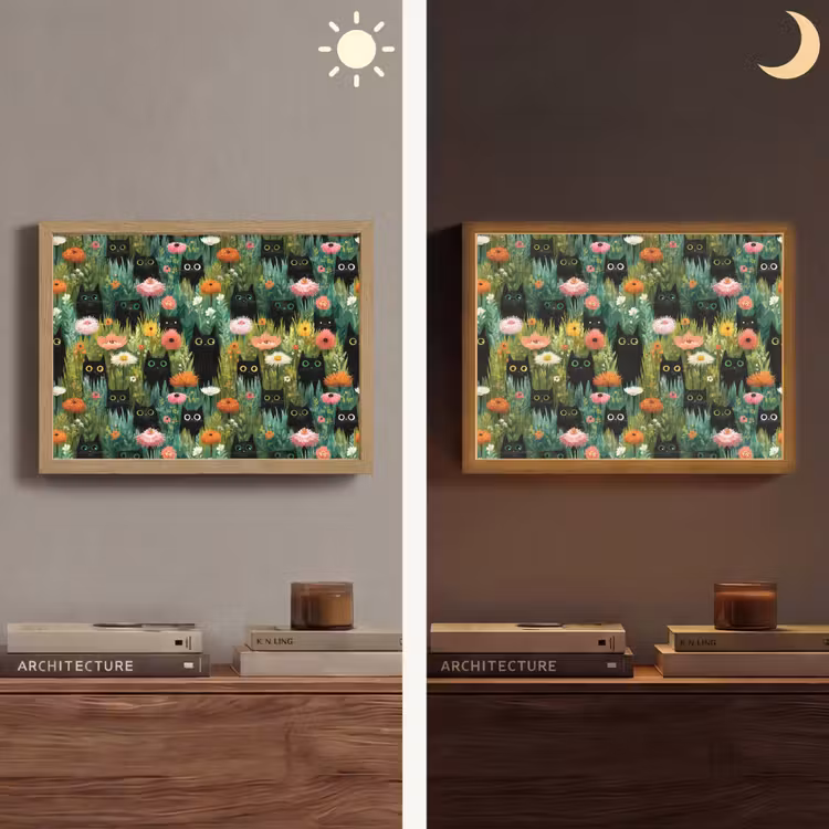 Katten - Bloemen - Kleurrijk Light Box met batterij (Wandlamp) middel 907 -sfeer3