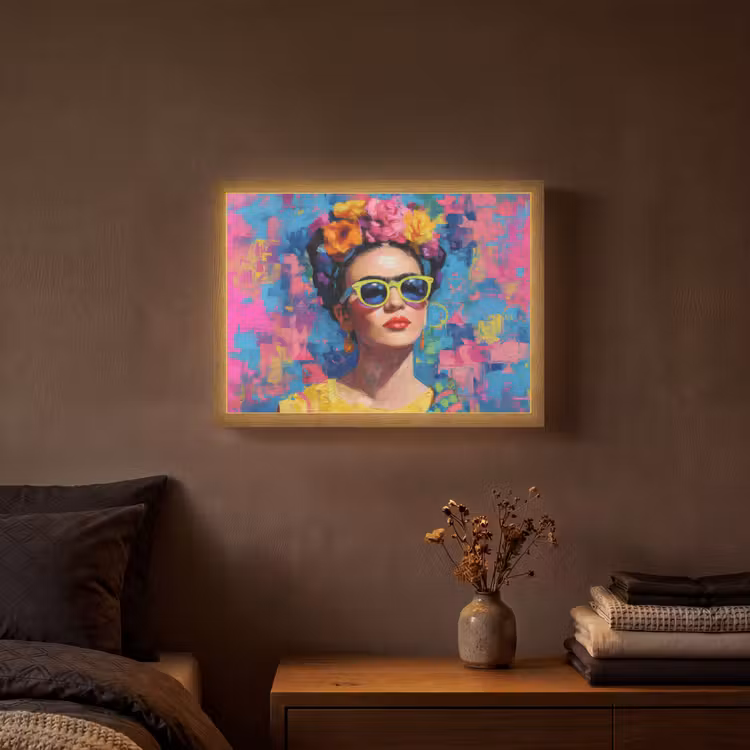 Vrolijk portret - Vrouw - Bloemenkroon Light Box met batterij (Wandlamp) middel -sfeer4