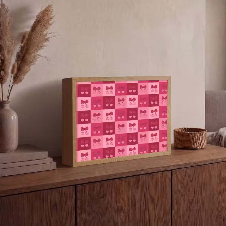 Kersen - Strikjes - Speels - Roze - Bordeaux Light Box met batterij (Wandlamp) middel 907 -sfeer2