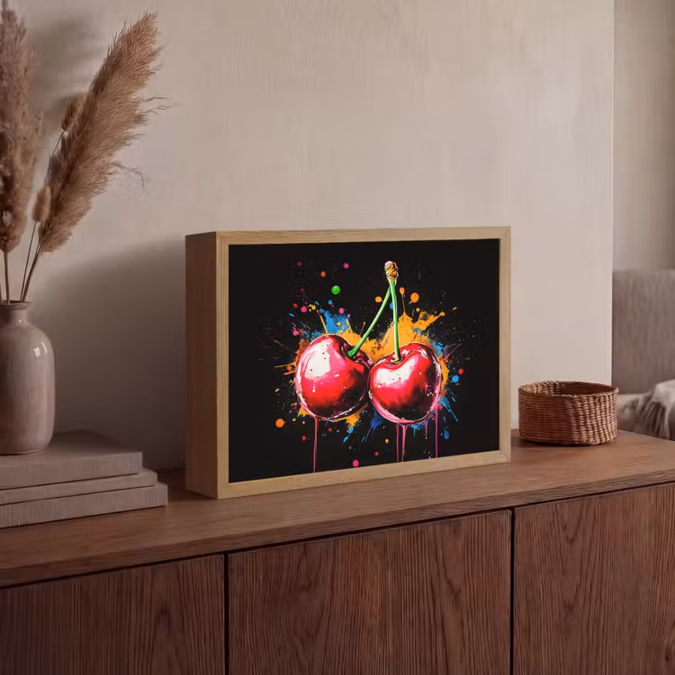 Kersen - Fruit - Graffiti - Verf - Abstract - Modern - Kleurrijk Light Box met batterij (Wandlamp) middel -sfeer2