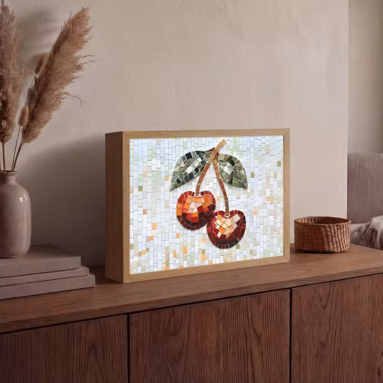 Kersen - Rood - Mozaïek - Blaadjes Light Box met batterij (Wandlamp) middel -sfeer2