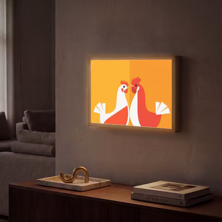 Kippen - Oranje - Vlakken Light Box met batterij (Wandlamp) middel -sfeer1