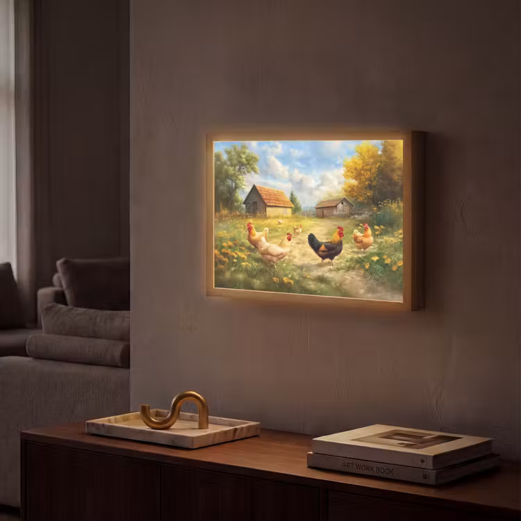Kippen - Landelijke rust - Natuur Light Box met batterij (Wandlamp) middel -sfeer1