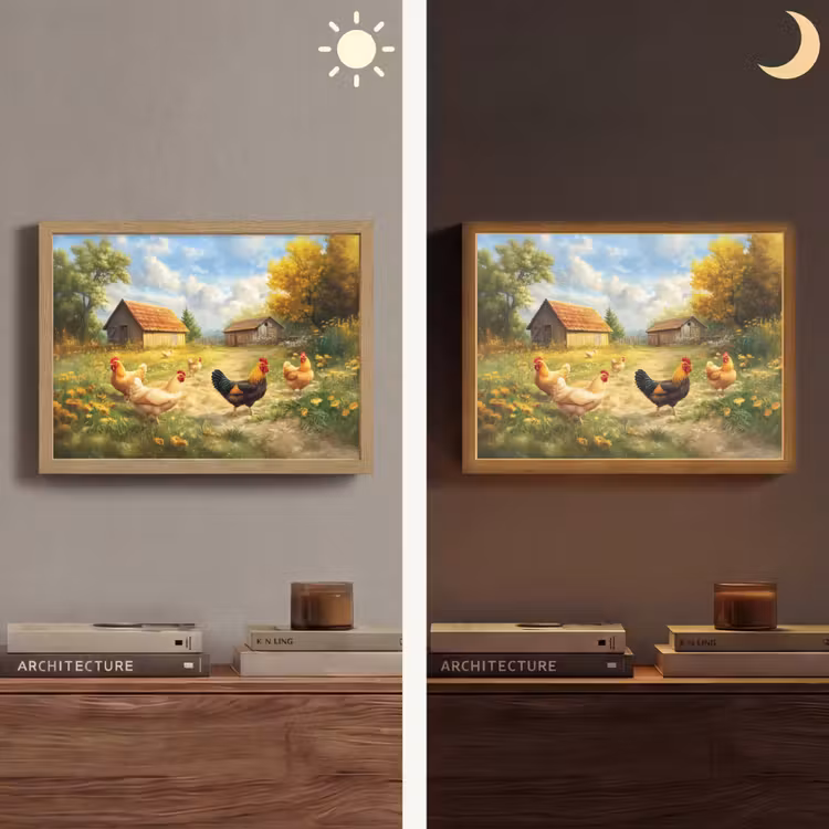 Kippen - Landelijke rust - Natuur Light Box met batterij (Wandlamp) middel -sfeer3