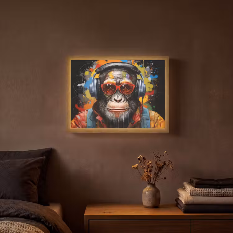 Chimpansee - Aap - dieren - Graffiti - Bril - Koptelefoon - Kleuren Light Box met batterij (Wandlamp) middel -sfeer4