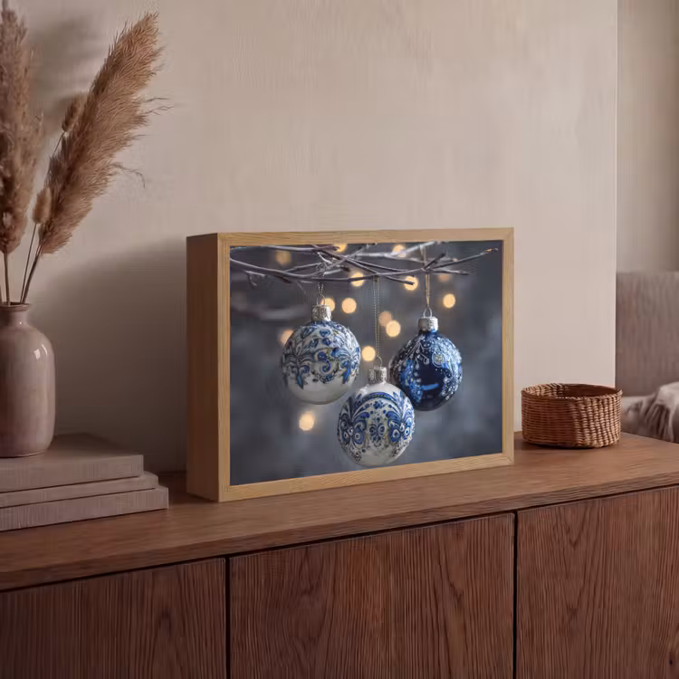 Kerstbal - Versierd - Blauw Light Box met batterij (Wandlamp) middel -sfeer2