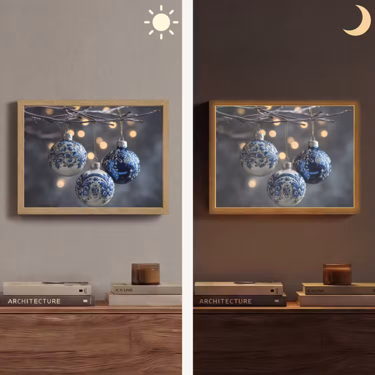 Kerstbal - Versierd - Blauw Light Box met batterij (Wandlamp) middel -sfeer3
