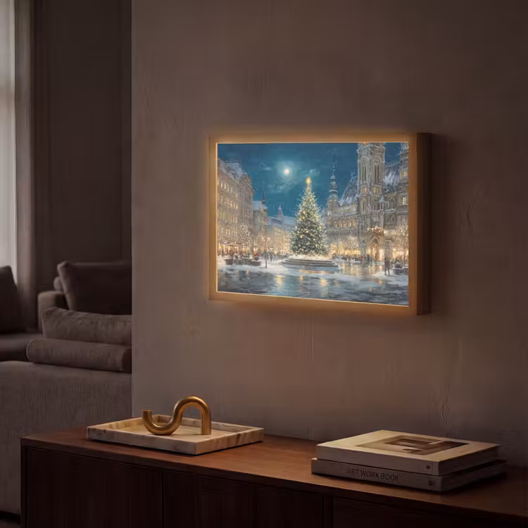 Kerstnacht - Stadsplein - Meerkleurig Light Box met batterij (Wandlamp) middel -sfeer1