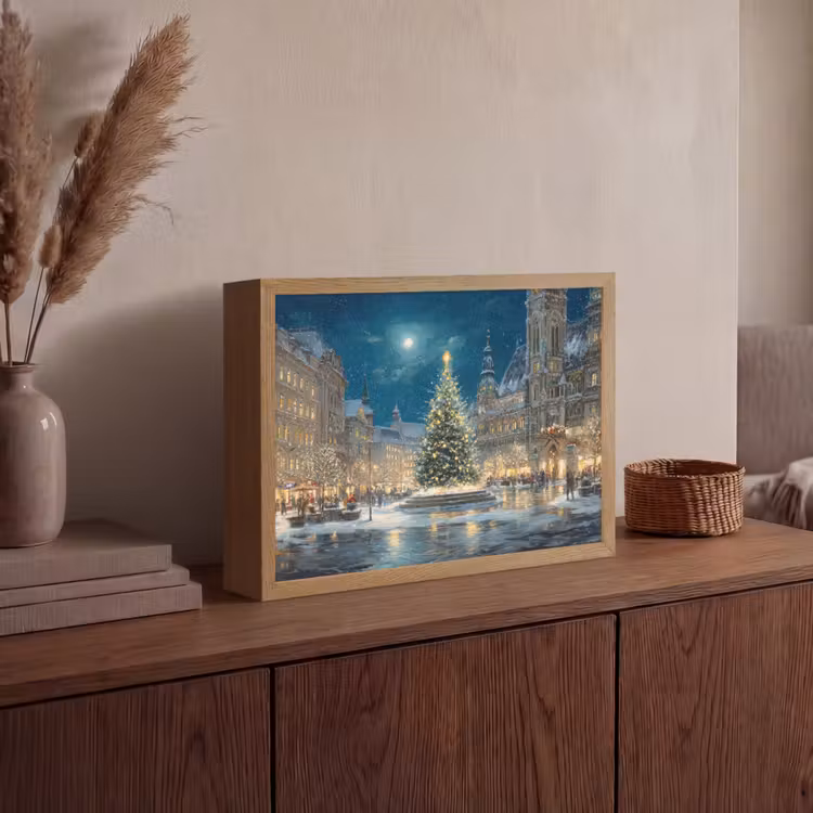 Kerstnacht - Stadsplein - Meerkleurig Light Box met batterij (Wandlamp) middel -sfeer2