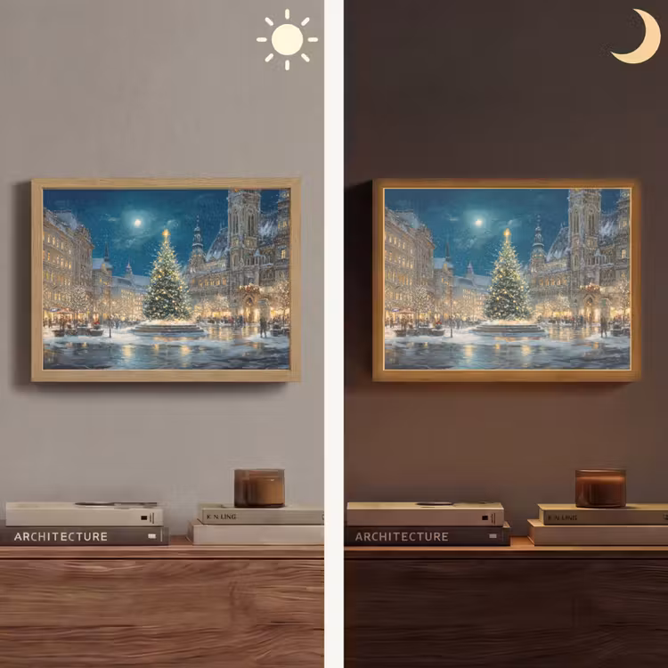 Kerstnacht - Stadsplein - Meerkleurig Light Box met batterij (Wandlamp) middel -sfeer3