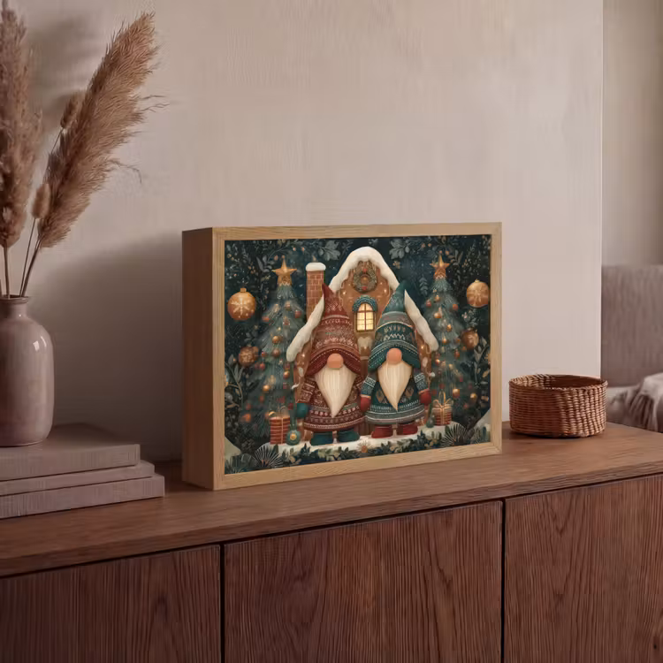 Kerst - Gnomen - Peperkoekhuisje - Rood - Groen Light Box met batterij (Wandlamp) middel -sfeer2
