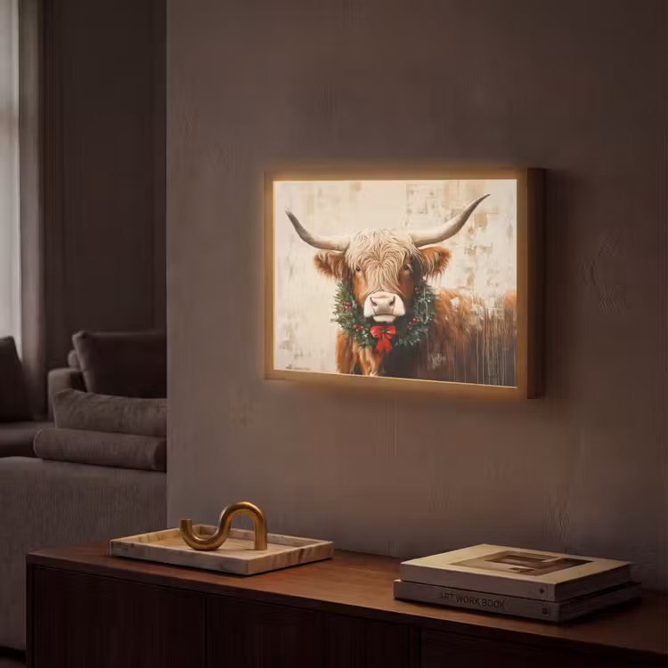 Kerst - Schotse Hooglander - Bruin - Krans Light Box met batterij (Wandlamp) middel -sfeer1