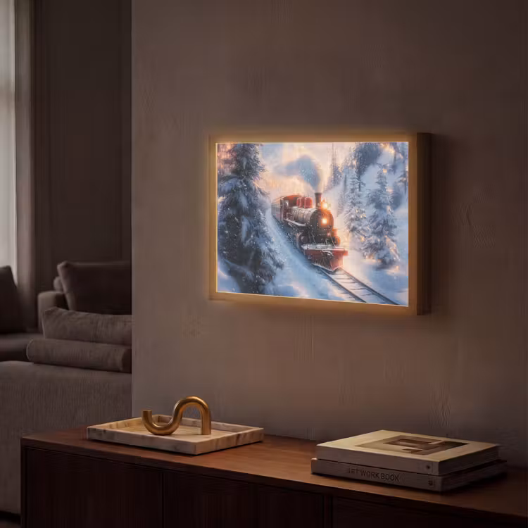 Kersttrein - Sneeuw - Winter - Kerst Light Box met batterij (Wandlamp) middel -sfeer1