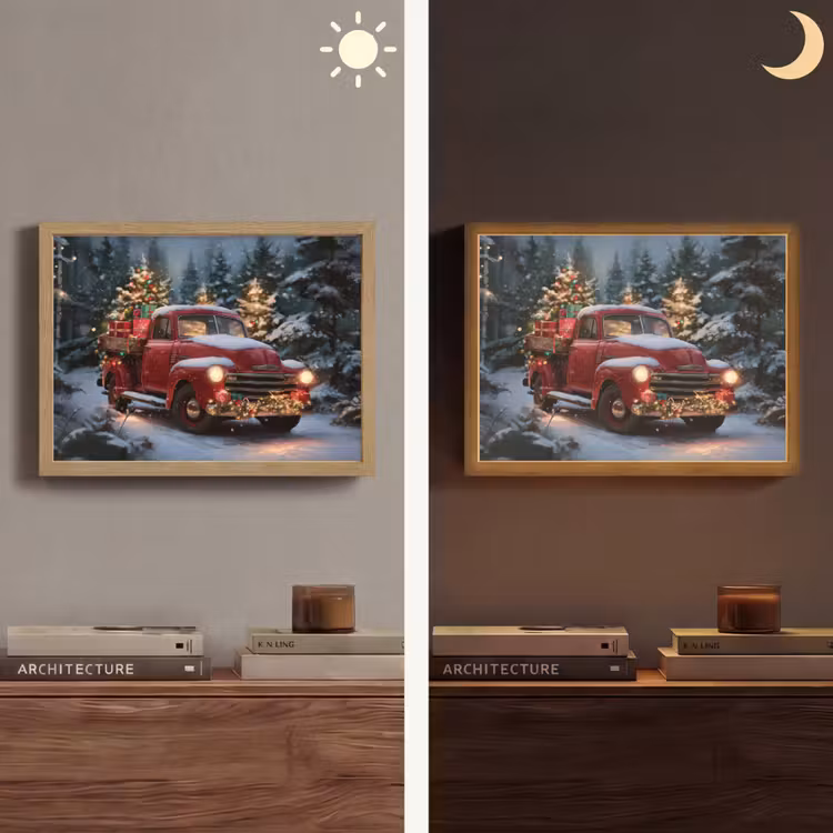 Kersttruck - Sneeuwbos - Rood Light Box met batterij (Wandlamp) middel -sfeer3