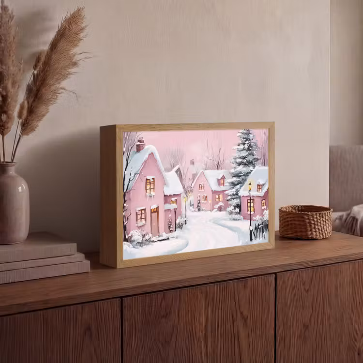 Kerstdorp - Roze - Winter - Sneeuw - Huizen Light Box met batterij (Wandlamp) middel -sfeer2