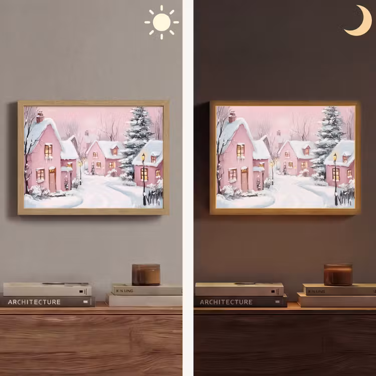 Kerstdorp - Roze - Winter - Sneeuw - Huizen Light Box met batterij (Wandlamp) middel -sfeer3