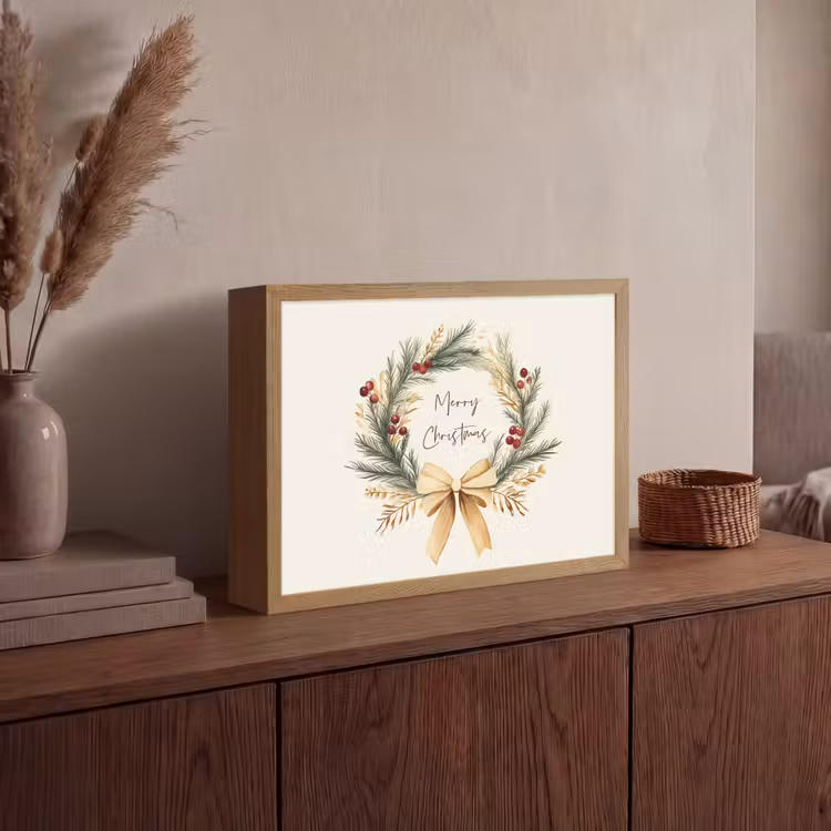 Kerstkrans - Kerst - Goud - Beige Light Box met batterij (Wandlamp) middel -sfeer2