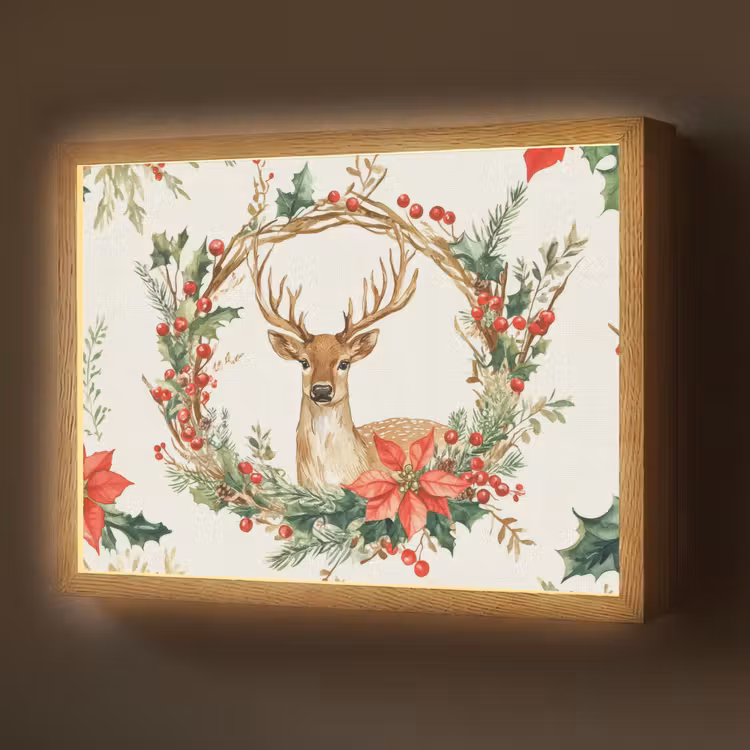 Kerstkrans - Hert - Hulst - Rood Light Box met batterij (Wandlamp) middel -z3d_website