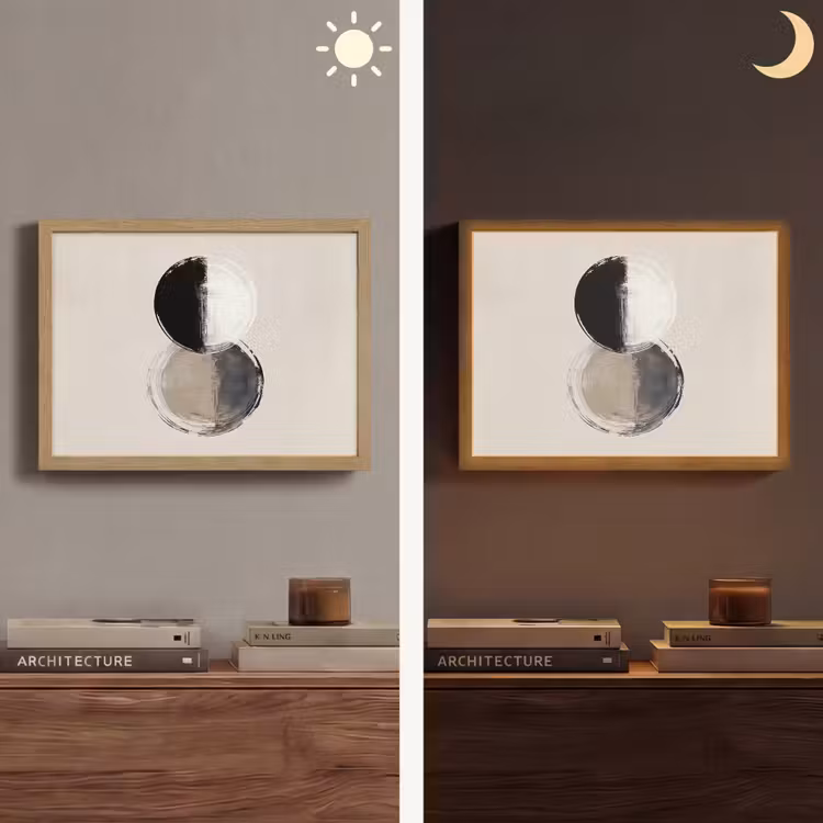 Cirkels - Strepen - Minimalistisch - Zwart Light Box met batterij (Wandlamp) middel -sfeer3