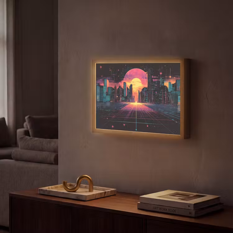 Stad - Gebouwen - Zon - Geel Light Box met batterij (Wandlamp) middel -sfeer1