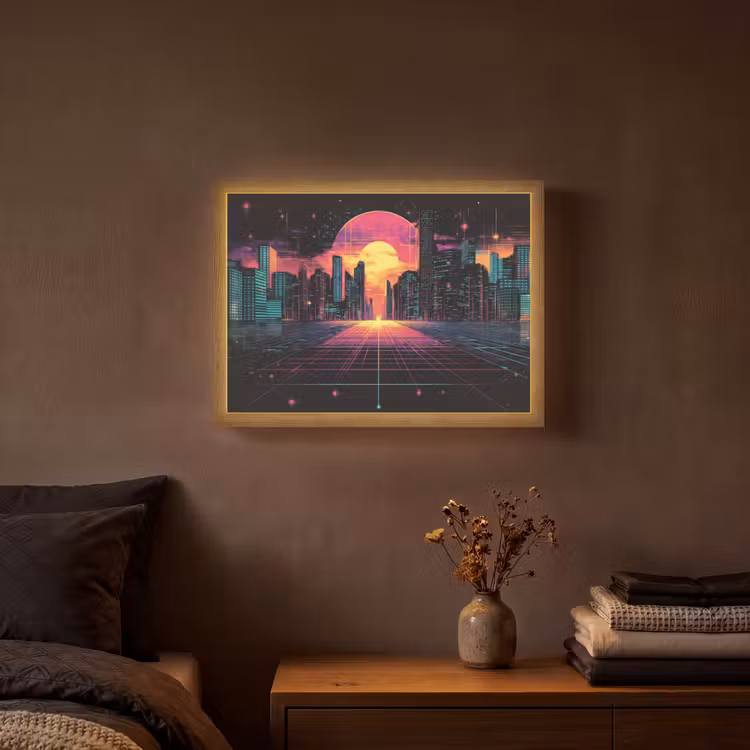 Stad - Gebouwen - Zon - Geel Light Box met batterij (Wandlamp) middel -sfeer4
