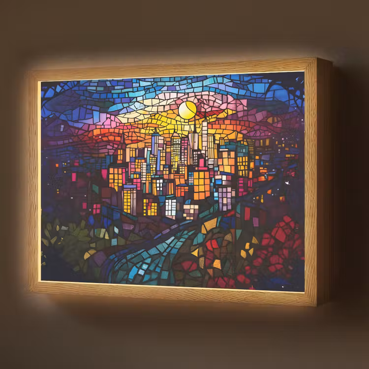 Stad - Maan - Mozaïek - Kleurrijk Light Box met batterij (Wandlamp) middel -z3d_website