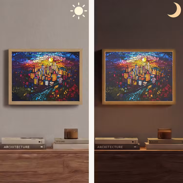 Stad - Maan - Mozaïek - Kleurrijk Light Box met batterij (Wandlamp) middel -sfeer3
