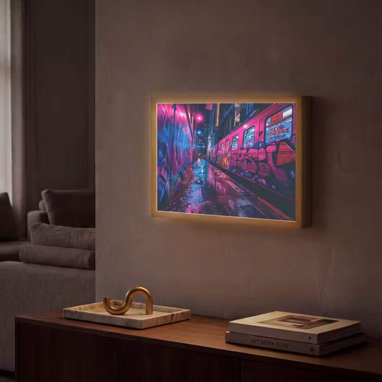Stad - Neon - Nacht - Roze - Graffiti Light Box met batterij (Wandlamp) middel -sfeer1