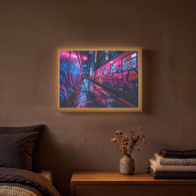 Stad - Neon - Nacht - Roze - Graffiti Light Box met batterij (Wandlamp) middel -sfeer4