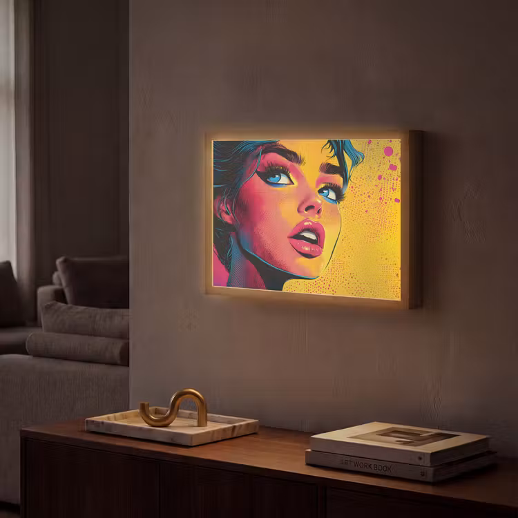 Close-up - Vrouwengezicht - Stippen - Geel Light Box met batterij (Wandlamp) middel -sfeer1