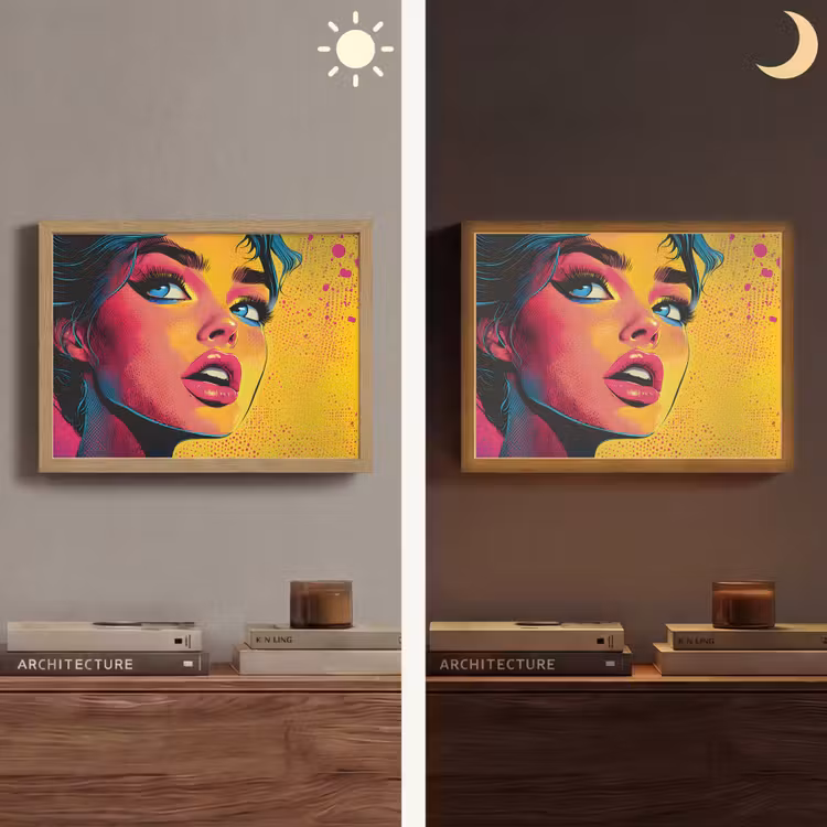 Close-up - Vrouwengezicht - Stippen - Geel Light Box met batterij (Wandlamp) middel -sfeer3