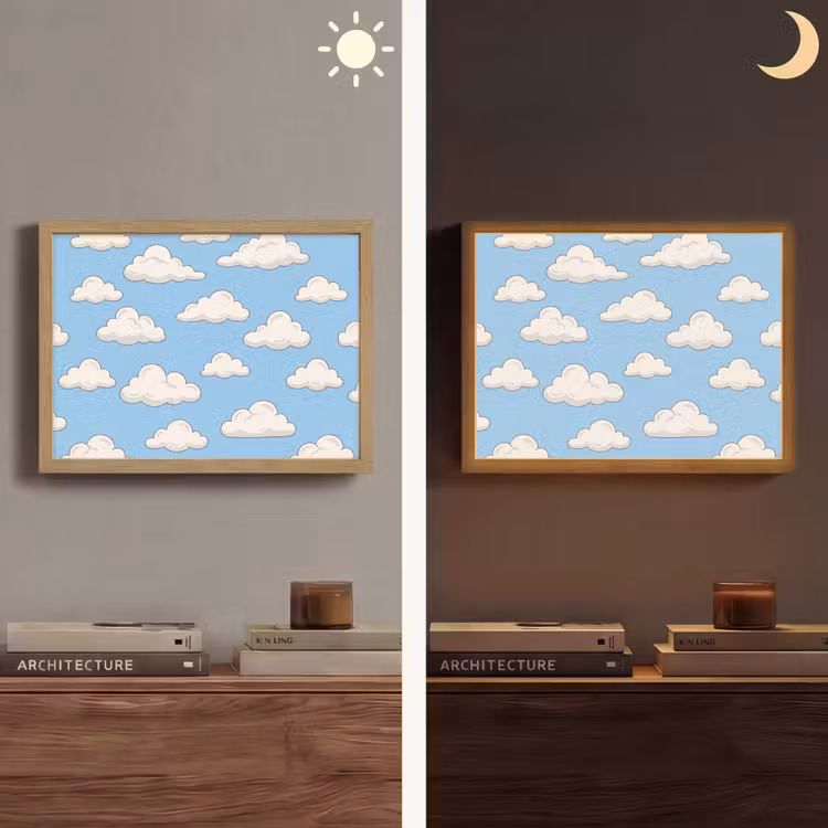 Wolk - Cartoon - Lucht - Blauw - Wit Light Box met batterij (Wandlamp) middel -sfeer3