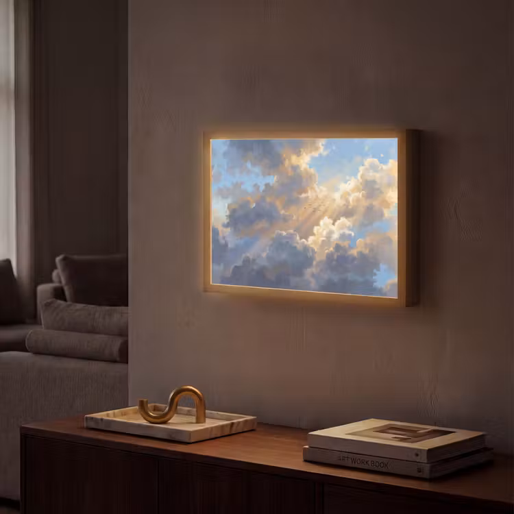 Wolken - Zonnestralen - Natuur - Abstract - Blauw Light Box met batterij (Wandlamp) middel -sfeer1