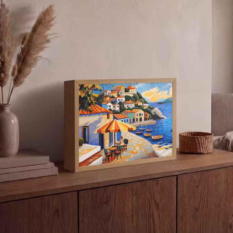 Kustdorp - Huisjes - Mozaïek - Zee Light Box met batterij (Wandlamp) middel -sfeer2