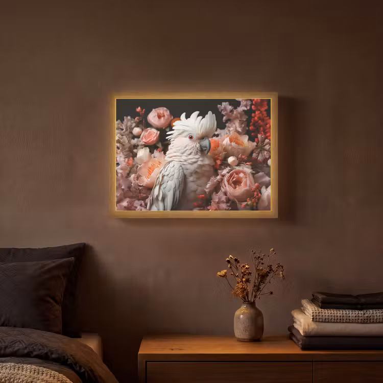 Kaketoe - Dier - Natuur - Botanisch - Bloemen - Roze Light Box met batterij (Wandlamp) middel -sfeer4